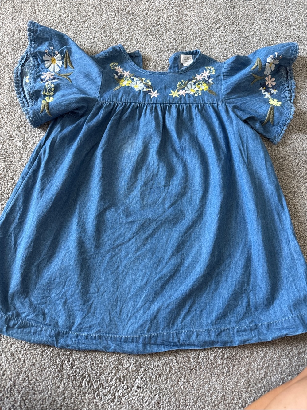 Mud Pie Blue Denim-Look Embroidered Flutter Sleeve Dress